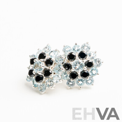 NEW - Sterling Silver Topaz & Onyx Cluster Stud Earrings, 16.5mm, 5.43 Grams