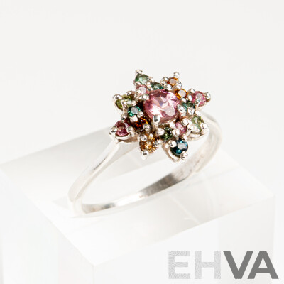 NEW - Sterling Silver Tourmaline Cluster Ring, Size O1/2, 2.44 Grams