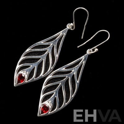 NEW - Sterling Silver Leaf Shaped Drop Earrings on Shepherds Hook with Garnets, 60mm, 8.50 Grams