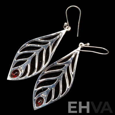 NEW - Sterling Silver Leaf Shaped Drop Earrings on Shepherds Hook with Garnets, 60mm, 8.50 Grams