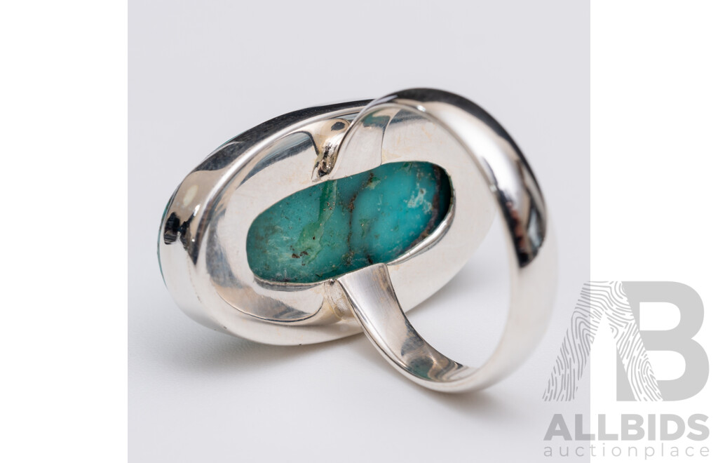 NEW - Sterling Silver Turquoise Cabochon Ring, Size P,  8.33 Grams