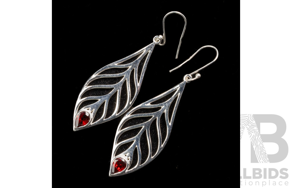 NEW - Sterling Silver Leaf Shaped Drop Earrings on Shepherds Hook with Garnets, 60mm, 8.50 Grams