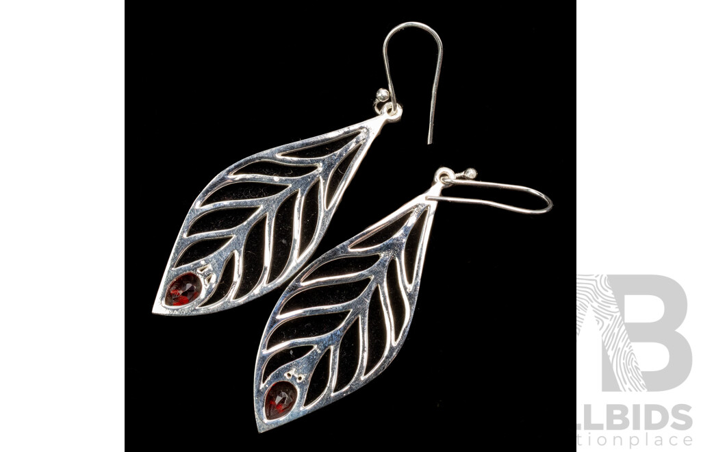 NEW - Sterling Silver Leaf Shaped Drop Earrings on Shepherds Hook with Garnets, 60mm, 8.50 Grams