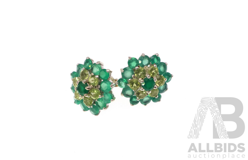 NEW - Sterling Silver Green Onyx and Peridot Cluster Stud Earrings, 20mm Diameter, 5.05 Grams