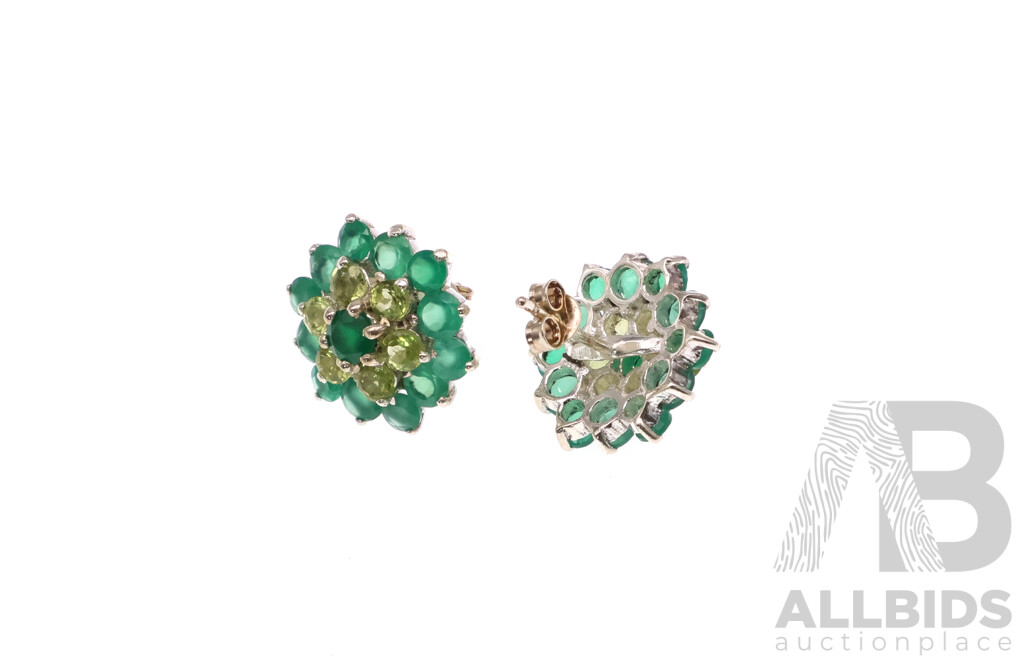 NEW - Sterling Silver Green Onyx and Peridot Cluster Stud Earrings, 20mm Diameter, 5.05 Grams