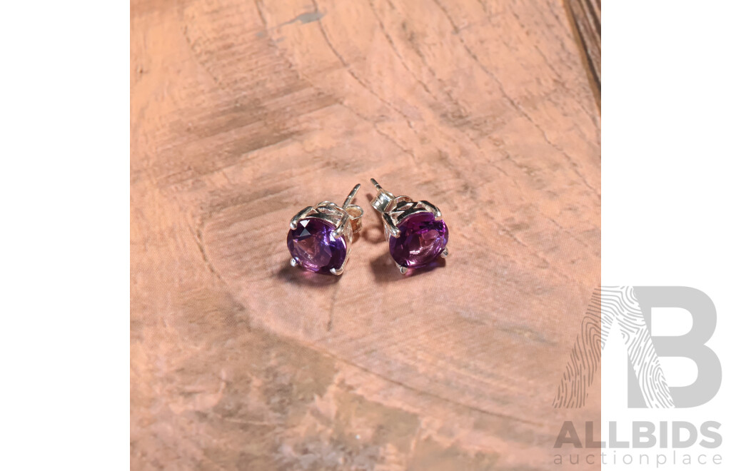 NEW Sterling Silver Amethyst Stud Earrings, 8mm, 2.51grams