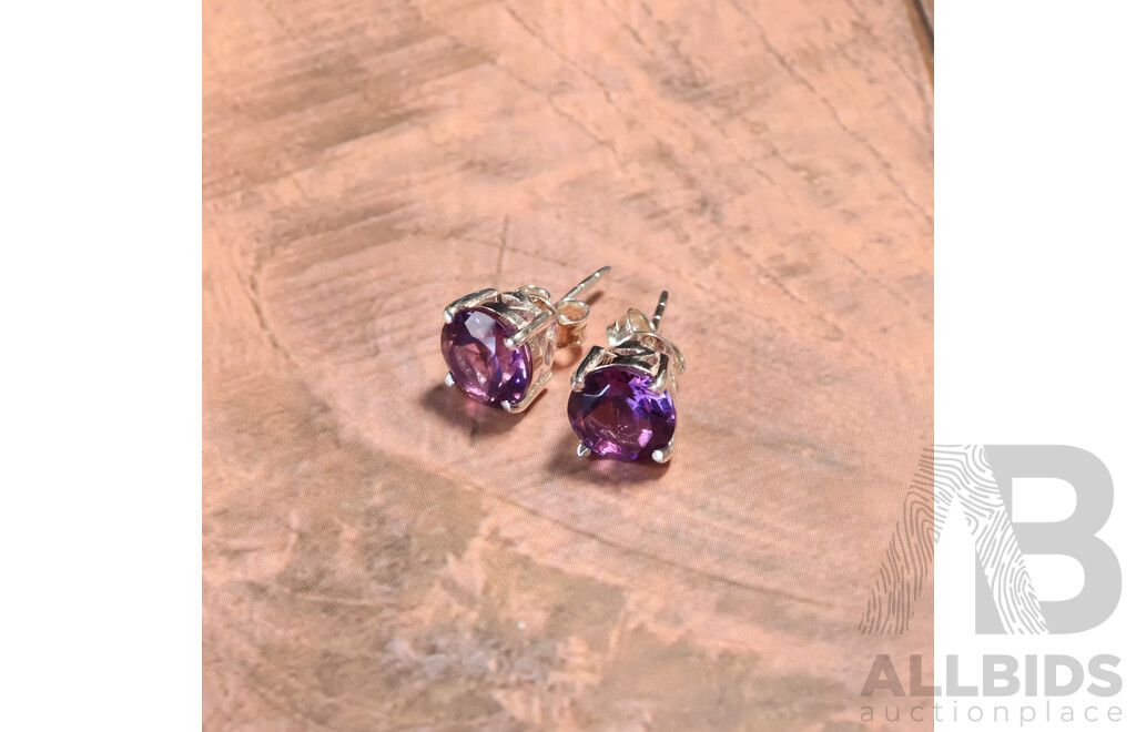 NEW Sterling Silver Amethyst Stud Earrings, 8mm, 2.51grams