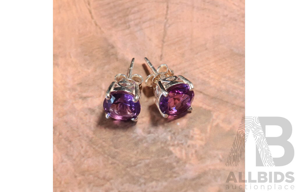 NEW Sterling Silver Amethyst Stud Earrings, 8mm, 2.51grams