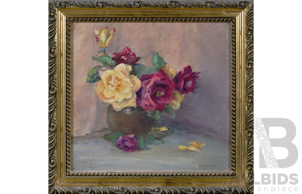 M. Mentz, (Date Unknown), Roses, Vintage Oil on Masonite, 39.5 x 41 cm (frame)