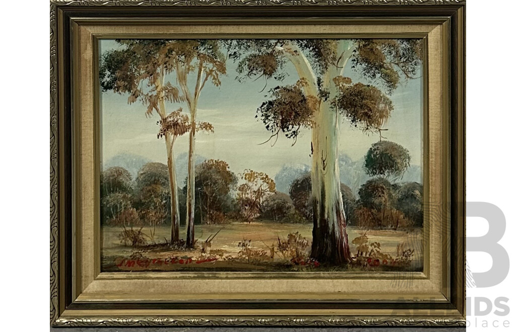 J Megihelon (?), (20th Century, Australian), Gumtree Clearing, Oil on Canvas Board, 40 x 50 cm (frame)