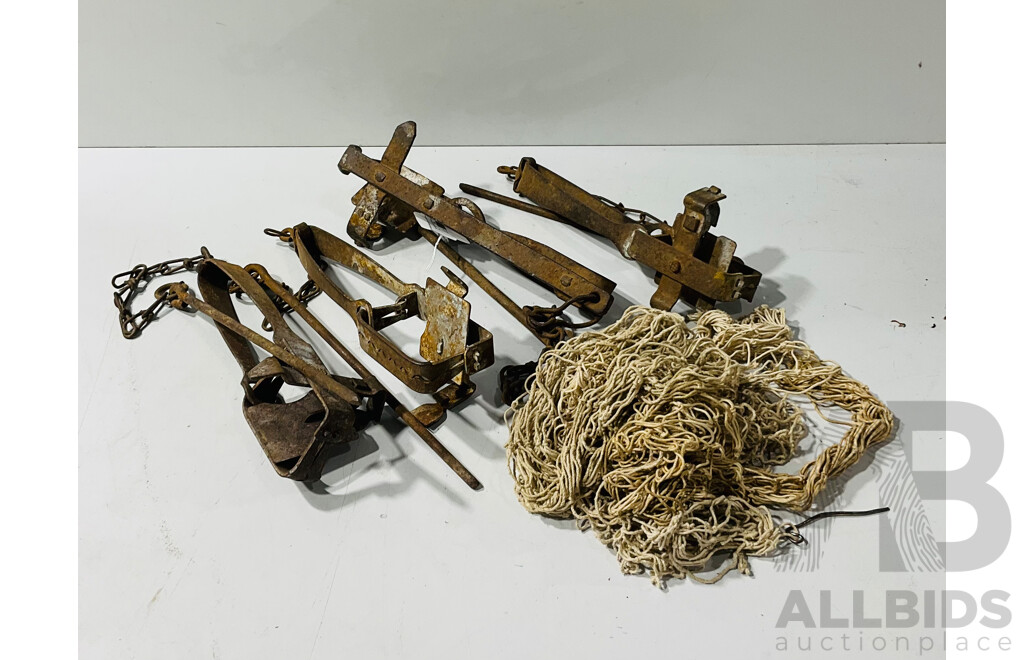 Collection of Antique Rabbit Traps and nets