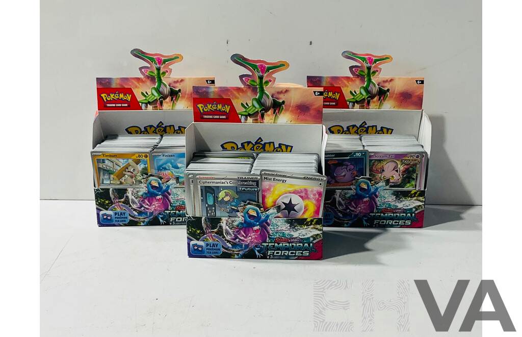 Large Collection of Pokemon TCG Cards From Scarlet & Violet Temporal Forces Including Three Empty Booster Box Boxes