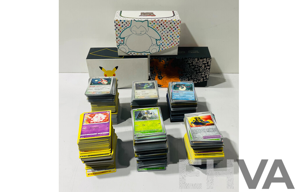 Collection of Pokemon TCG Cards Including Holographic Foil Cards Stored in Celebrations Bundle Box, Scarlet & Violet 151 Bundle Box and Champions Path Bundle Box