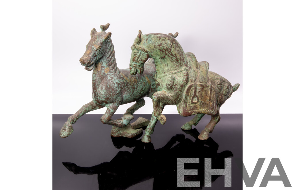 Two Chinese Antique Style Metal Patinated Equine Figures