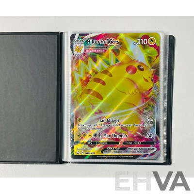 Collection of Oversized and Foil Pokemon TCG Cards Including Pikachu Vmax, Morpeko Vunion, Oversized Reshiram and Charizard Tag Team GX, Oversized Kingdra EX and Much More