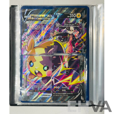 Collection of Oversized and Foil Pokemon TCG Cards Including Pikachu Vmax, Morpeko Vunion, Oversized Reshiram and Charizard Tag Team GX, Oversized Kingdra EX and Much More