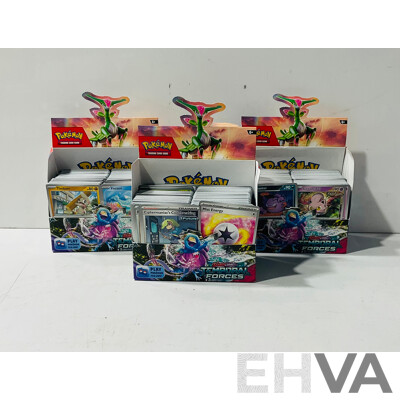Large Collection of Pokemon TCG Cards From Scarlet & Violet Temporal Forces Including Three Empty Booster Box Boxes
