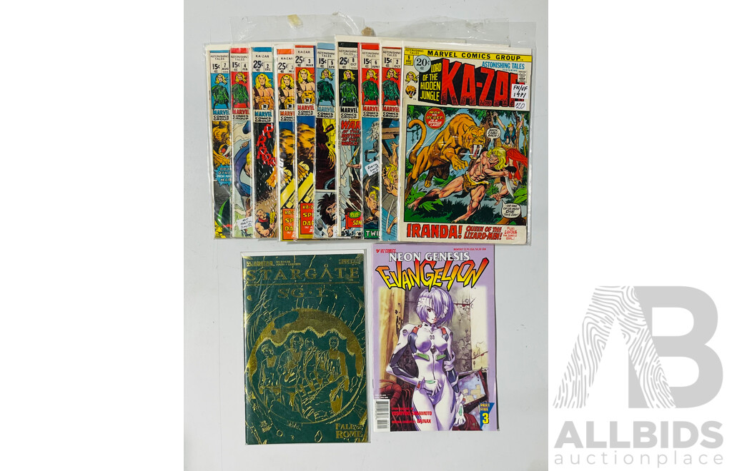 Collection of Vintage Comics Including Astonishing Tales Featuring Ka-Zar, Stargate SG.1 Fall of Roman Leather Edition and Neon Genesis Evangelion