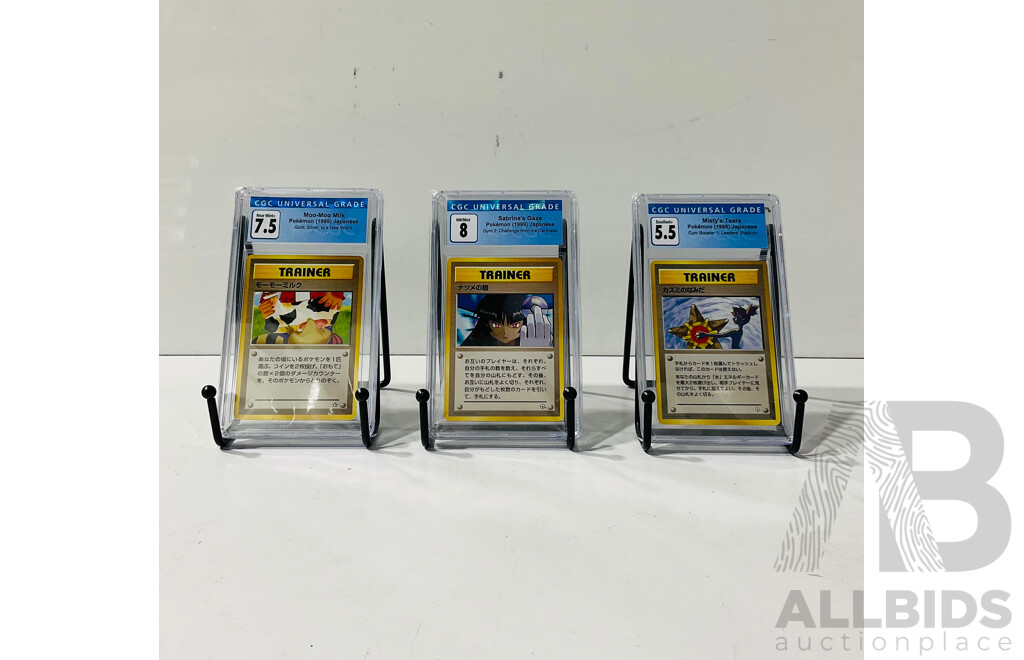Pokémon TCG 1998 Gym Booster 1: Leader’s Stadium Misty’s Tears Graded 5.5, 1998 Gym 2: Challenge From the Darkness Sabrina’s Gaze Graded 8 and 1998 Gold, Silver, to a New World Moo-Moo Milk Graded 7.5