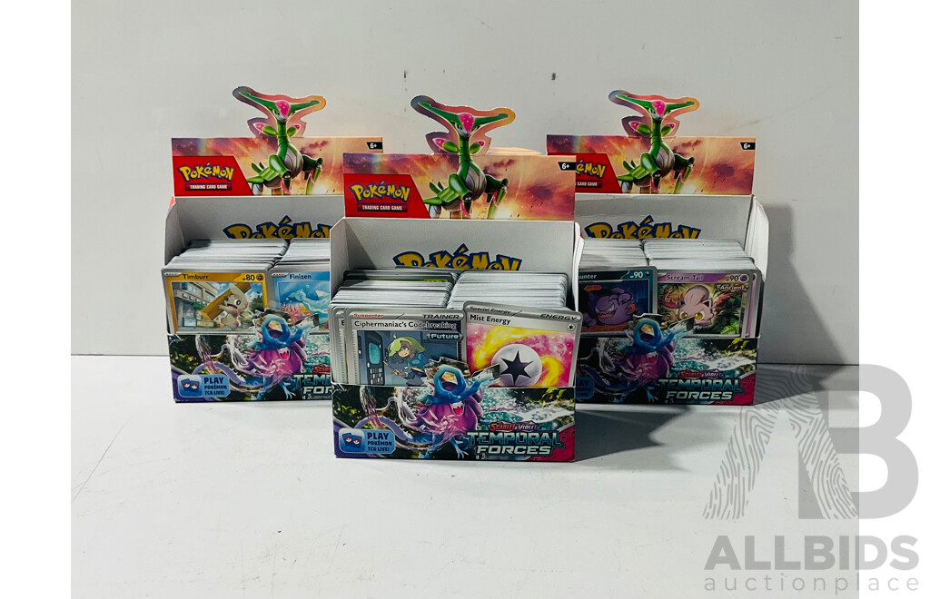 Large Collection of Pokemon TCG Cards From Scarlet & Violet Temporal Forces Including Three Empty Booster Box Boxes