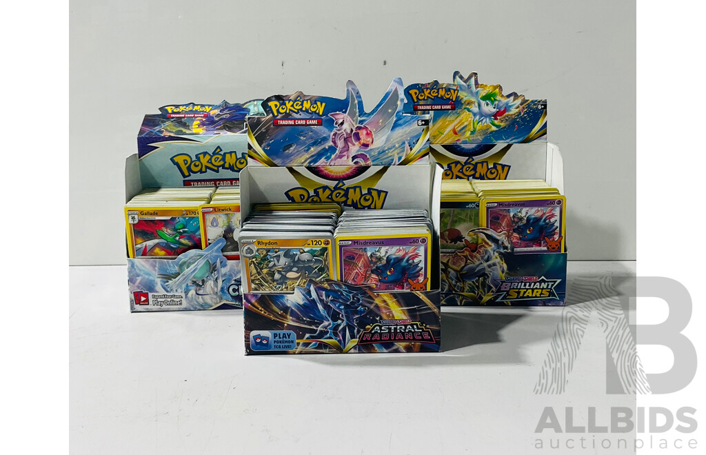 Large Collection of Pokemon TCG Cards From Several Expansions Mainly From the Sword and Shield Series Including Three Empty Booster Box Boxes