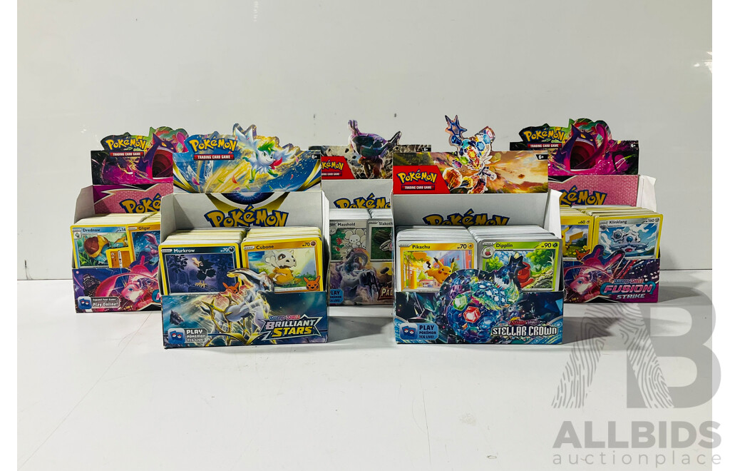 Large Collection of Pokemon TCG Cards From Several Expansions Mainly From the Sword and Shield Series Including Five Empty Booster Box Boxes