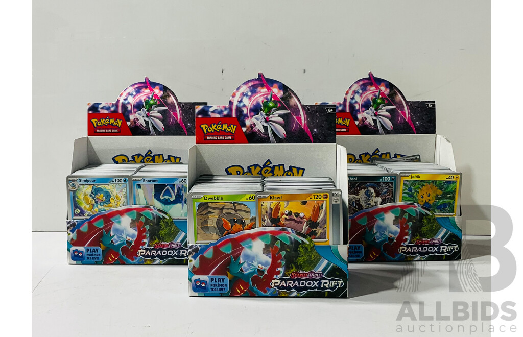 Large Collection of Pokemon TCG Cards From Scarlet & Violet Paradox Rift Including Three Empty Booster Box Boxes