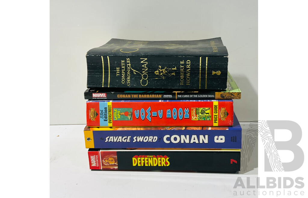 Collection of Comic Books and Comic Related Books Including Marvel Essentials the Defenders, Assorted Conan Comics and Book and Gemstone Publishing 35th Edition Comic Price Guide