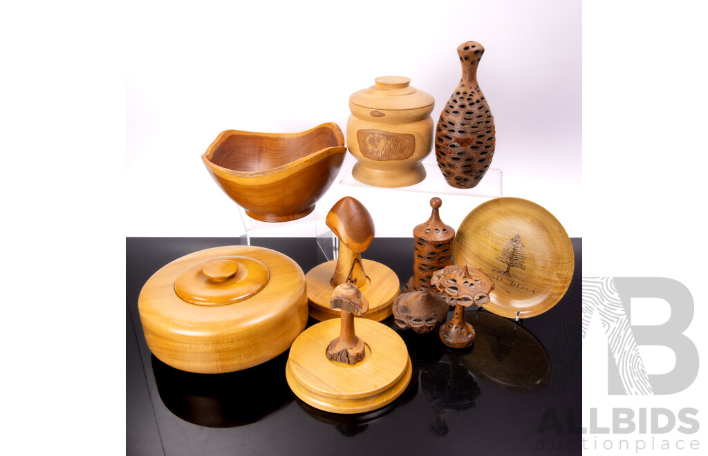 Collection Australian Hand Turned Studio Woodwork Pieces Including Banksia Vase by Prewett, Canberra, Banksia Vase by Tilba Woodworking and More