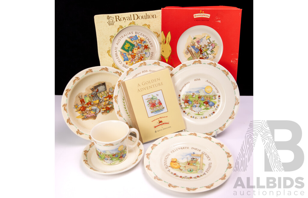 Collection Royal Doulton Bunnykins Porcelain Pieces Including Trio, Childs Dish and More