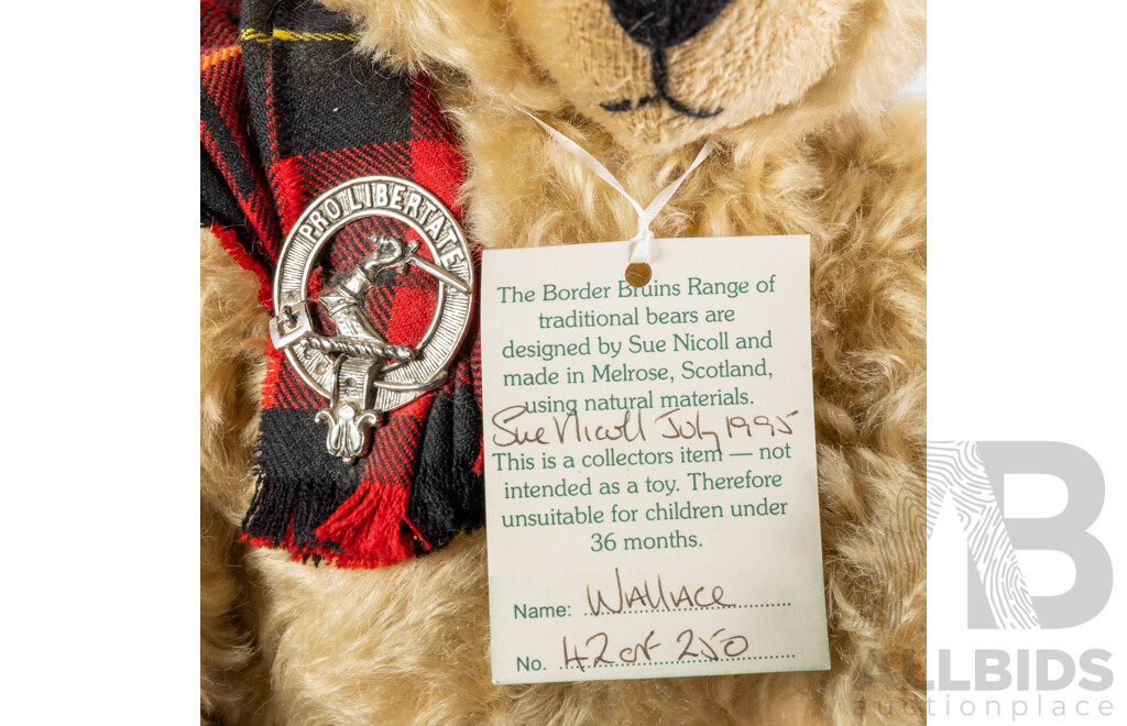Limited Edition 42 of 250 the Border Bruins Traditional Teddy Bear, Wallace, by Sue Nichols, & Signed by Nichols to Label & Foot, Made in Melrose Scotland Using Natural Materials