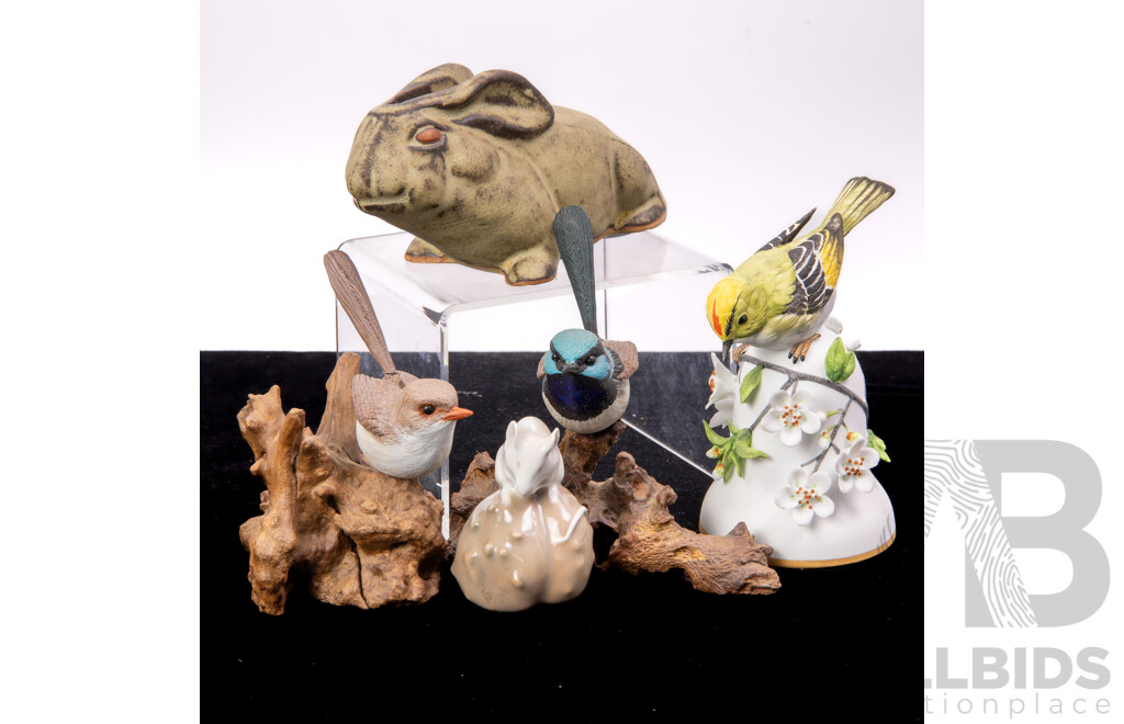 Two Bird Sculptures by J Elwell, Royal Copenhagen Porcelain Mouse, Cornish Tremar Pottery Rabbit Money Box & Porcelain Goldcrest Bell