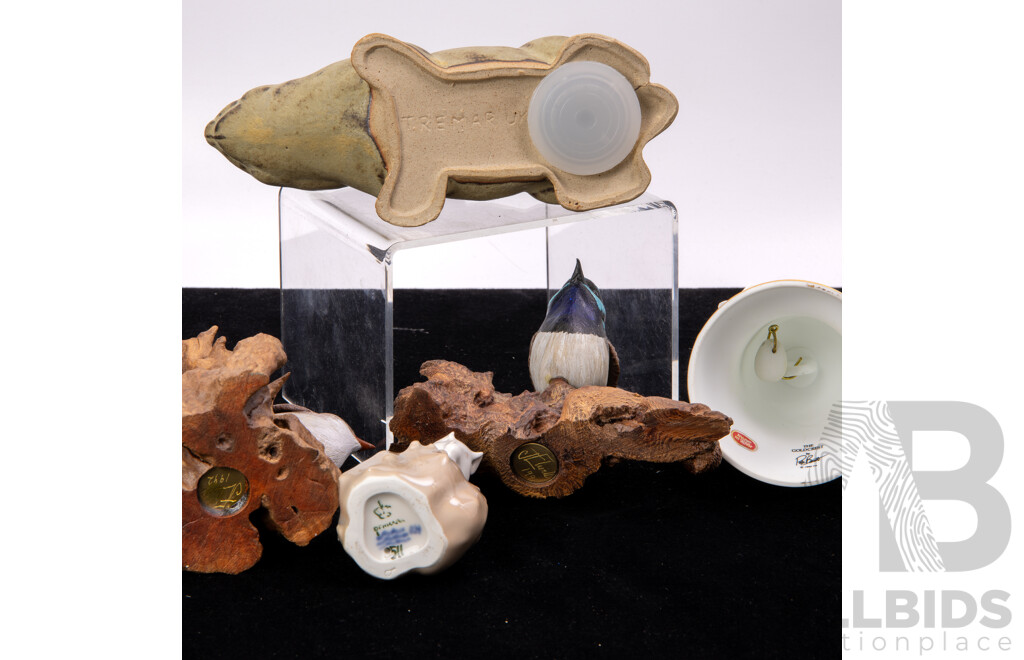 Two Bird Sculptures by J Elwell, Royal Copenhagen Porcelain Mouse, Cornish Tremar Pottery Rabbit Money Box & Porcelain Goldcrest Bell