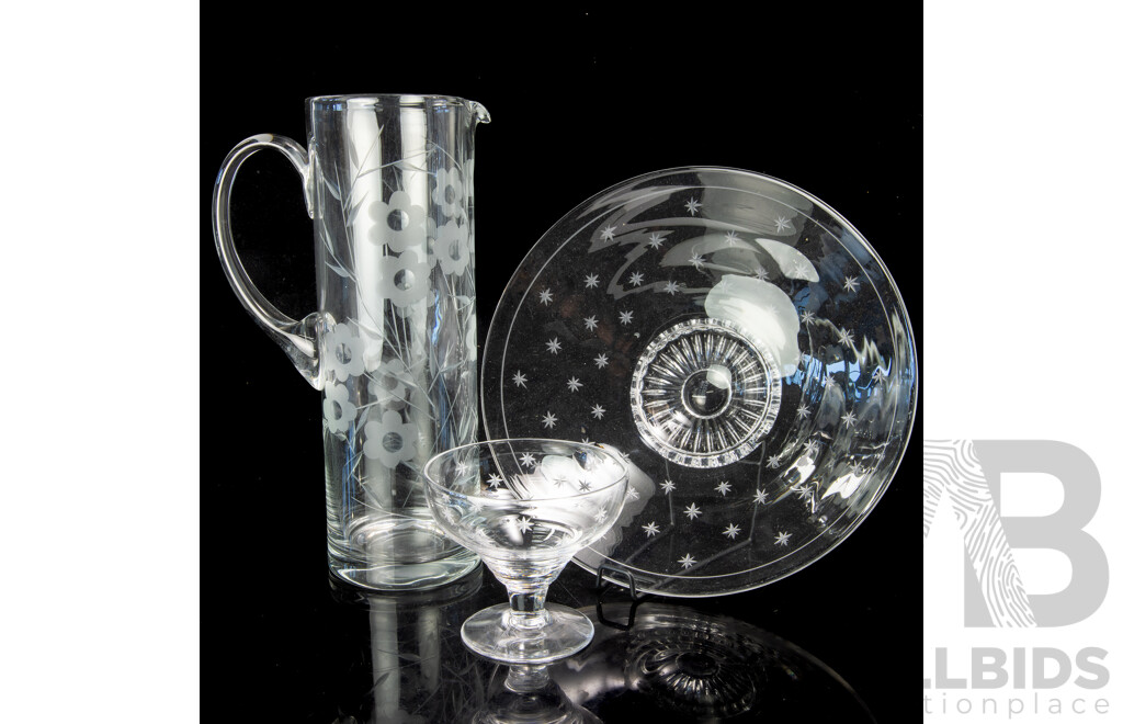 Vintage Stuart Crystal Star Pattern Bowl and Coupe Along with Another Crystal Pitcher