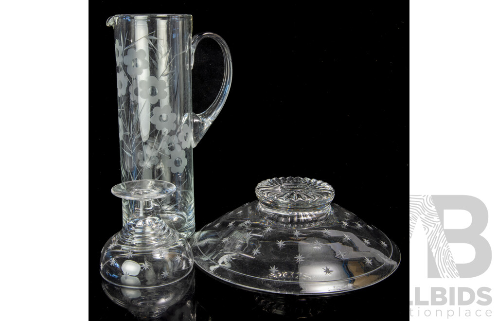 Vintage Stuart Crystal Star Pattern Bowl and Coupe Along with Another Crystal Pitcher
