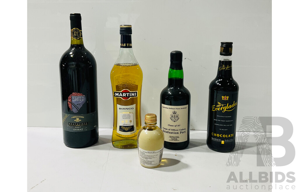 Collection of Several Liqueurs of Different Types Including Small Bottle of Kizakura Sake, Everglades Chocolate Liqueur, ADFA Class of 97 Corps of Officer Cadets Graduation Port and More