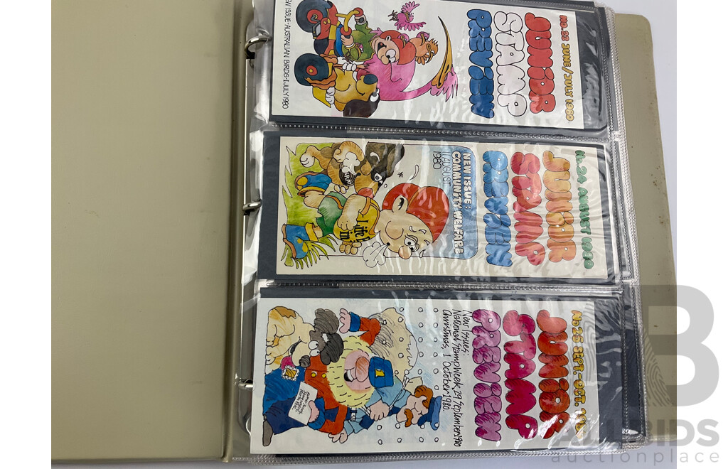 Album of 1980's Australian, PNG, Antarctic Territory First Day Covers and Stamp Packs Including Junior Stamp Review Pamphlets 1980-1982