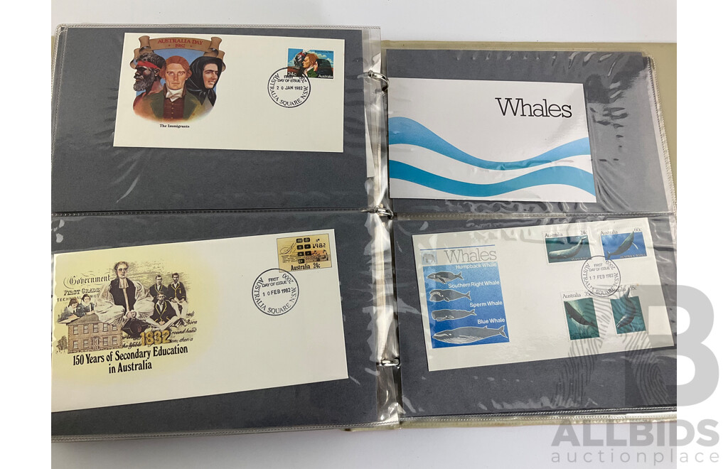 Album of 1980's Australian, PNG, Antarctic Territory First Day Covers and Stamp Packs Including Junior Stamp Review Pamphlets 1980-1982