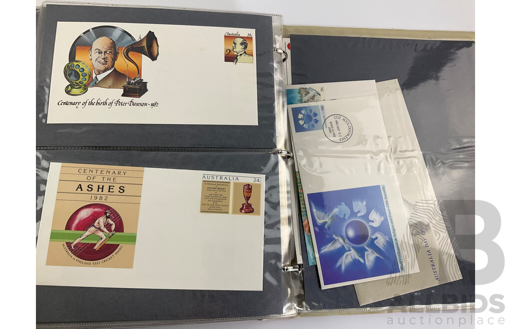 Album of 1980's Australian, PNG, Antarctic Territory First Day Covers and Stamp Packs Including Junior Stamp Review Pamphlets 1980-1982