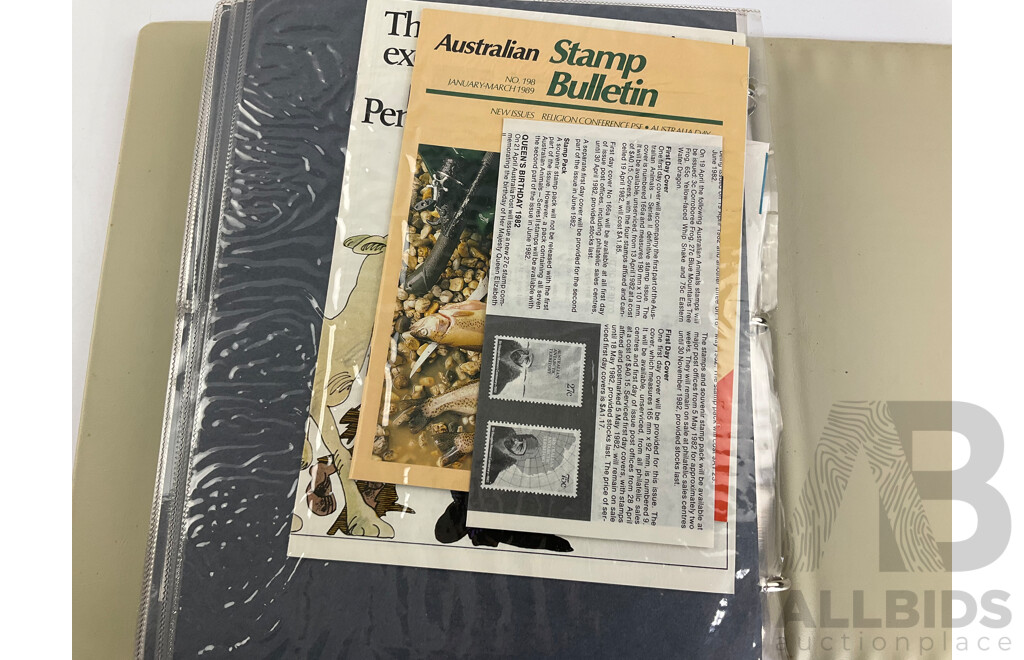 Album of 1980's Australian, PNG, Antarctic Territory First Day Covers and Stamp Packs Including Junior Stamp Review Pamphlets 1980-1982