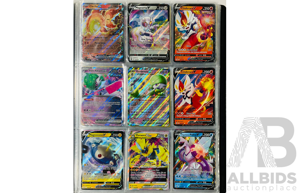 Collection of Mostly Foil Pokémon TCG Singles in Binder Including Several EX Pokémon and V Pokémon Such as Rayquaza V, Gardevoir EX, Iron Valiant EX and Many More
