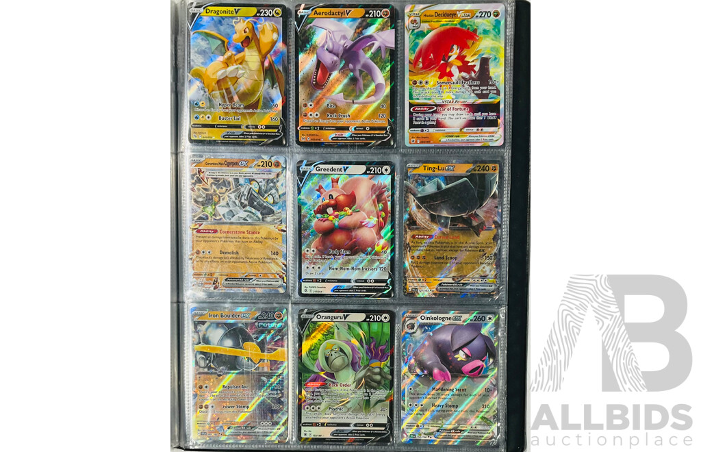 Collection of Mostly Foil Pokémon TCG Singles in Binder Including Several EX Pokémon and V Pokémon Such as Rayquaza V, Gardevoir EX, Iron Valiant EX and Many More
