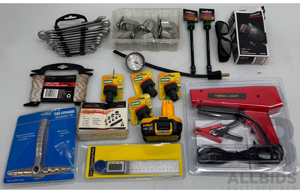 Assortment of General Tools - Tube Expander, Angle Ruler, Timing Light, DeWalt Battery, Hollow Punch Set, Rope, Wrench, Glasses, Pressure Guage, Hose Nozzle and More