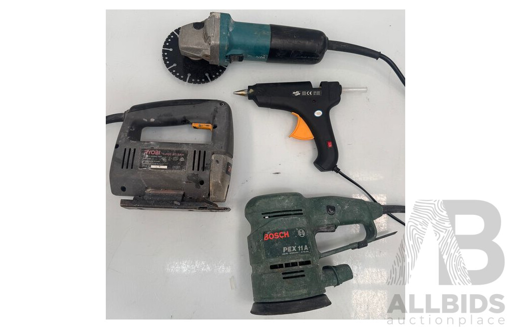 Corded Power Tools - Ryobi Jig Saw, Glue Gun, Bosch Orbital Sander & Makita Angle Grinder