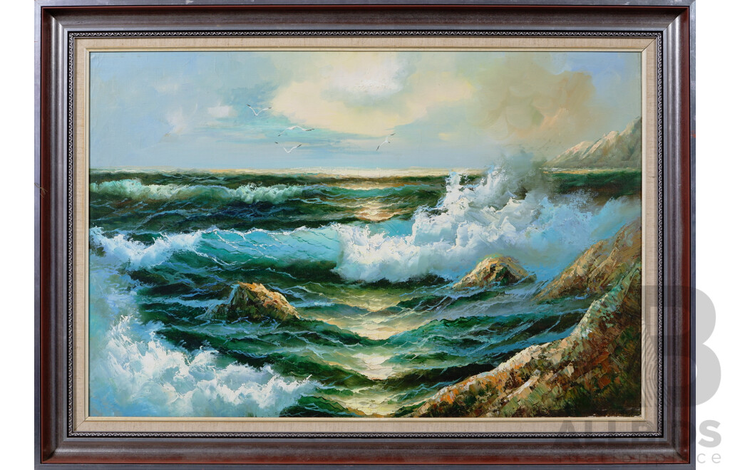 Artist Unknown, Stormy Ocean, Acrylic on Canvas Board, 67 x 108 cm (frame)