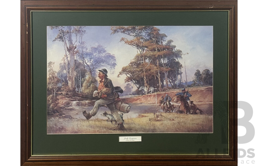 d'Arcy W. Doyle, (20th Century, Australian, 1932-2001), Jolly Swagman, for Keeps & The Cricket Match, Quality Reproduction Prints of Original Oils, 74 x 101 cm (largest frame) (3)