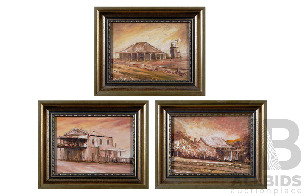 Doris Pratt (20th Century, Australian), Lovely Trio of Outback Miniatures, Acrylic on Board, 21.5 x 26.5 cm (frames) (3)