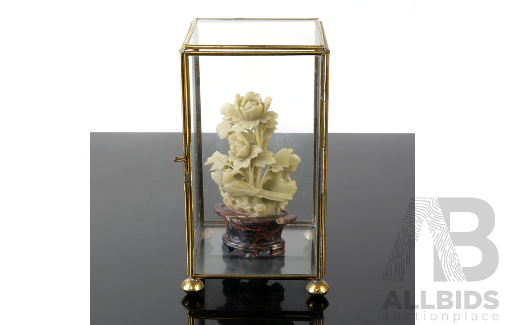 Chinese Carved Soft Stone Flower in Pot in Brass and Glass Display Case