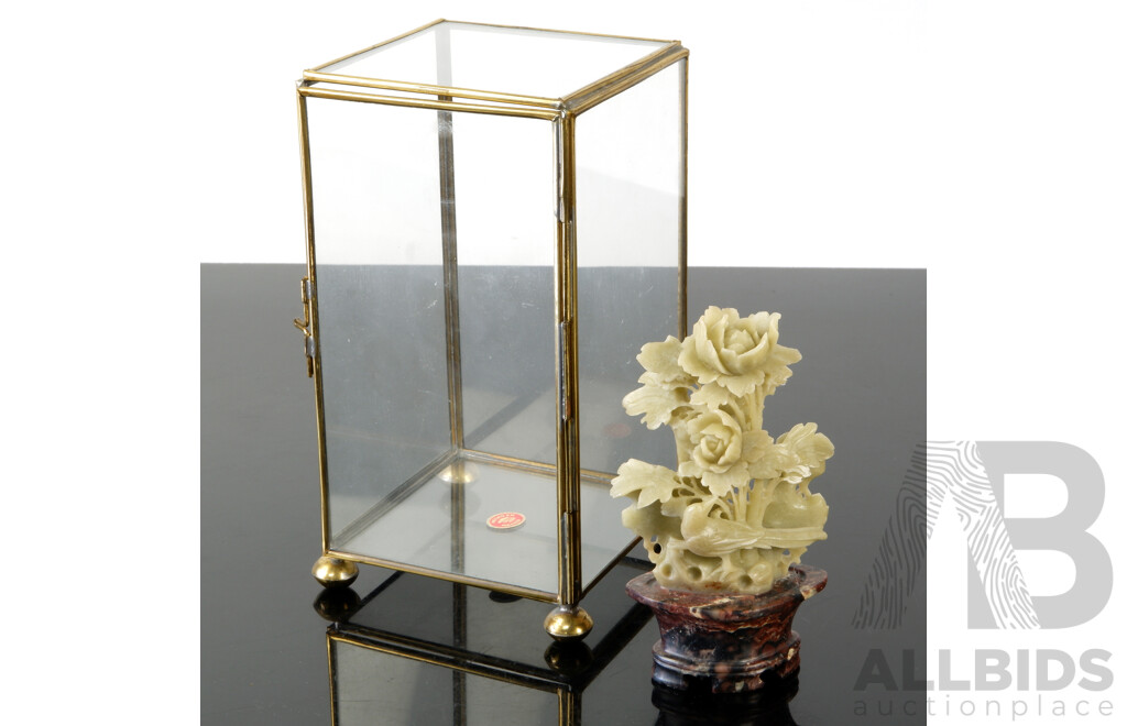 Chinese Carved Soft Stone Flower in Pot in Brass and Glass Display Case