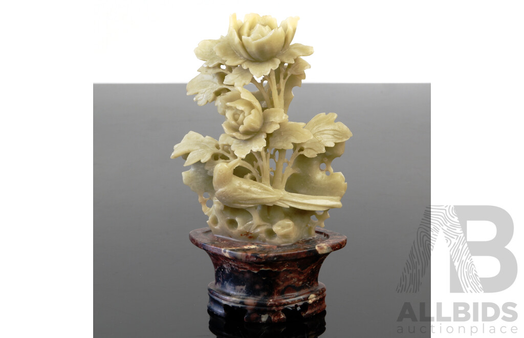 Chinese Carved Soft Stone Flower in Pot in Brass and Glass Display Case